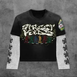 Camiseta de manga larga de doble capa informal de fabricantes personalizados para hombre con estampado lavado ácido vintage desgastado en tela de punto - Product Image 3