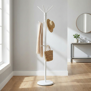 Perchero en forma de árbol con revestimiento de polvo de hierro metálico moderno para el hogar, soporte para colgar ropa, fácil montaje, almacenamiento doméstico multiusos - Product Image 1