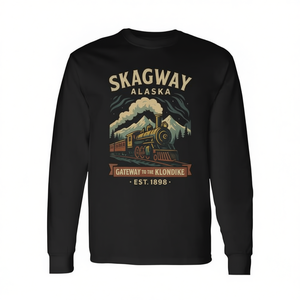 T-shirt promozionale a maniche lunghe Skagway Alaska Steam Train Gateway Klondike History - Product Image 2