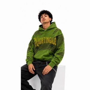 Sweat à capuche oversize personnalisé effet vieilli en molleton épais patchwork streetwear à épaules tombantes - Product Image 1