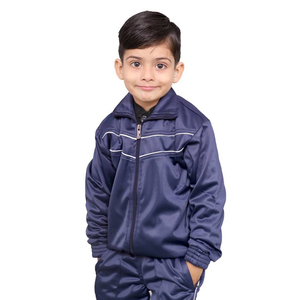 ชุดกีฬาสำหรับเด็กผู้ชายชุดวอร์มสีกรมท่าพร้อมท่อสีขาวมีซิปและกางเกงวิ่ง - Product Image 3