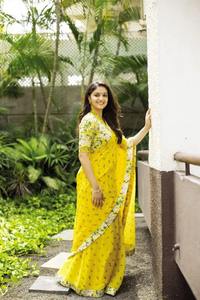 Indien Bollywood Designer Pure Georgette Imprimé Jaune Sari Pour Femmes Fille Fête De Mariage Festival Porter Avec Fantaisie Ethnique Blouse - Product Image 5