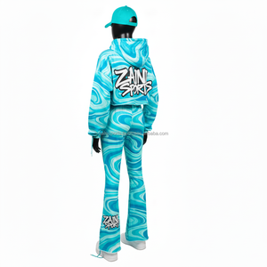 ชุดวอร์มผู้หญิงคุณภาพสูง ผ้าโพลีเอสเตอร์ผสมสแปนเด็กซ์ 280 GSM ลายพิมพ์สีฟ้าคราม พร้อมโลโก้สกรีน  ไซส์พลัส - Product Image 5