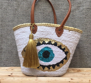 Asas de cuero para la playa, bolso de cesta marroquí tejido, para compras - Product Image 1