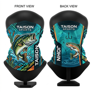 Cache-cou de pêche pour hommes en tissu respirant GSM Premium Polyester Spandex, vert et bleu, avec imprimé poisson sur panneau latéral et logo personnalisé par sublimation - Product Image 4