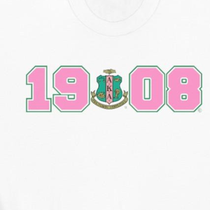 Sudadera con cuello redondo AKA 1908 Year Crest, color rosa claro con letras griegas verdes y blancas, suéter de lana para hermandad - Product Image 4