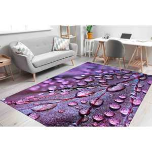 Tapis imprimé feuilles violettes et gouttes d'eau, design floral moderne, avec poils doux - Product Image 3