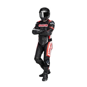 Combinaison de course moto en cuir personnalisée OEM, 1 pièce, équipement de protection CE, noir et rouge, pour motard, fabricant de combinaisons de piste - Product Image 1