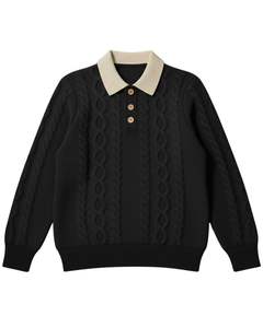 Suéter Polo de Punto Trenzado Personalizado para Hombre, Manga Larga, Cuello con Botones, Cuello en Contraste, Jersey de Invierno en Negro para Venta al por Mayor - Product Image 1