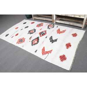 Alfombra Vintage, Alfombra Turca Decorativa de 3.5x6.5 pies, Alfombra de Lana Blanca con Estampado Animal - Product Image 4