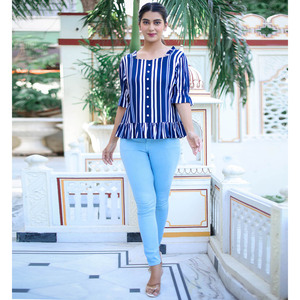 Haut à volants imprimé à rayures pour femmes de haute qualité en coton rayonne viscose bleu respirant taille XL pour toutes les saisons - Product Image 2