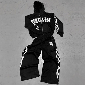 Survêtement unisexe personnalisé en molleton épais d'hiver, imprimé EDM et délavé à l'acide, effet vieilli, coupe évasée, avec pantalon de survêtement et sweat-shirt - Product Image 3