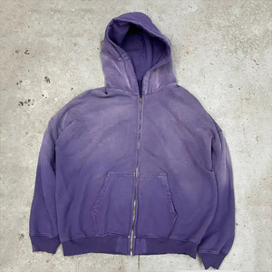 Custom High Quality Streetwear <b>Hoodie</b> Blank <b>Zip</b> <b>up</b> <b>Vintage</b> Double Layer Acid Wash Sun Faded Distressed Pockets Hoodies - Product Image 3