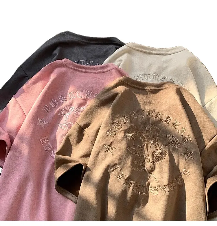 Yeni işlemeli düz Unisex t-shirt kabartmalı baskı logosu Streetwear yıkanmış Retro boy damla omuz erkekler T Shirt
