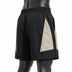 Pantalones cortos de nailon negros para hombre, cintura elástica con cordón, pantalones cortos deportivos informales de verano con bolsillos con cremallera, pantalones cortos de gimnasio con paneles laterales en contraste - Product Image 4