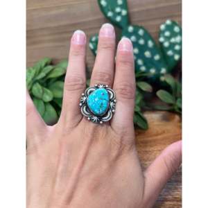 Bague en argent sterling avec turquoise Navajo Kingman, taille 7, sertissage clos tendance, plaqué or rose 18 carats, incrustation ovale, cadeau idéal - Product Image 2