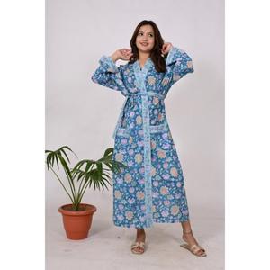 Kimono de algodón ligero Bata Bloque de mano Impreso Floral Albornoz de verano con cintura natural de longitud completa - Product Image 5
