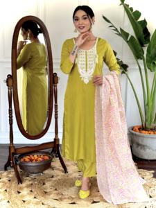 Premium 3 piezas indio pakistaní Salwar Set para adultos nuevo lanzamiento hermosa viscosa Slub calidad bordado Kurti Pant - Product Image 5