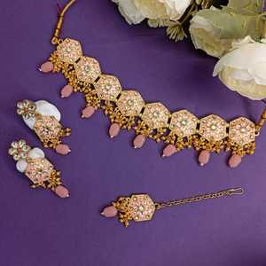 Bijoux indiens Collier ras du cou Maang Tikka Boucles d'oreilles Bollywood Mariage Cristal Kundan Collier Boucles d'oreilles Tête Chaîne Ensemble - Product Image 2