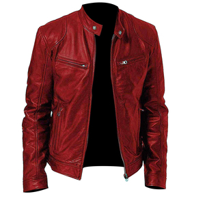 Chaqueta de Cuero Genuino Rojo Sólido para Hombre, Ropa Casual de Moda, Transpirable, Resistente al Viento, Estilo Motero, Deportiva, para Exteriores, con Cremallera Plateada Metálica - Product Image 1