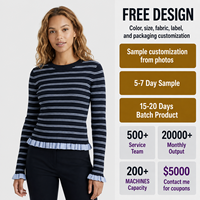 Pull en tricot rayé pour femme, col rond, manches longues, ourlet à volants, noir et blanc, tricot décontracté, fabrication OEM sur mesure, vente en gros
