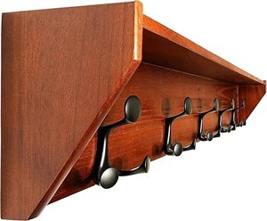 Heavy-Duty TRI Hooks & <b>Rails</b> Coat Rack Weathered Brown Wood <b>Wall</b> Mounted Shelf Organiser for Hallway or Room - Product Image 4