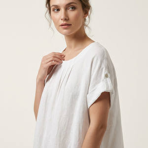 Túnica Corta de Manga Corta con Botones y Bolsillos en 100% Lino - Product Image 1