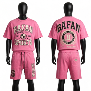 ชุดเสื้อยืดและกางเกงขาสั้นผู้ชาย ผ้าฝ้ายหนา 230 GSM สีน้ำเงินวินเทจ พิมพ์ลายกราฟิก ออกแบบโลโก้สกรีนเอง ชุด 2 ชิ้นสำหรับผู้ชาย - Product Image 3