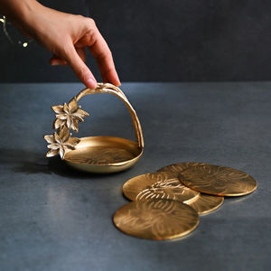 Luxury Gold Metal Flower <b>Coaster</b> <b>Set</b> <b>with</b> Decorative <b>Holder</b> Modern Drink Mats Home Table Bar Decor Gift - Product Image 1