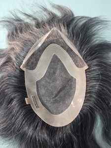 Taz Hair BD Fusion Perruque toupet en cheveux humains Remy à trame nouée à la main, base en dentelle frontale, couleur mixte 1B, patchs capillaires gris, prothèse capillaire - Product Image 3