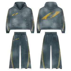 Sudaderas con capucha de algodón con estampado de pantalla de felpa francesa, pantalones acampanados con paneles, ropa de calle, chándales de lavado ácido para hombres, transpirables - Product Image 1