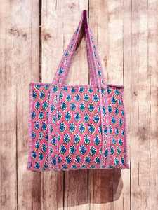 Handmade Block Printed Cotton Bag with Vibrant Pink Base Blue Floral Patterns Striped Trims Medium Weight Activewear Easy Wash - Product Image 4