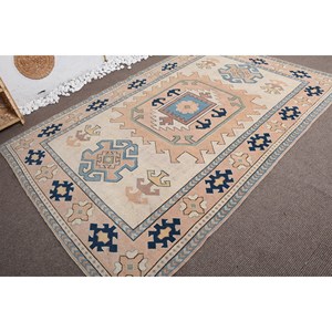 Alfombra de lana Kilim turca Vintage, diseño de retazos beige y azul, forma de pasillo rectangular, 6x8,9 pies, técnica de tejido plano de gran tamaño, látex - Product Image 2