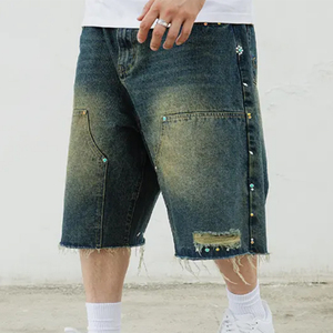 2025 Trendy Loose Fit Mid <b>Waist</b> Denim Shorts for Men Comfortable Summer Casual Wear 3D Pattern Crystal Rhinestone - Product Image 2