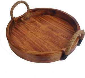 Service d'hôtel plateau de service de petit déjeuner en bois d'acacia fait à la main avec poignée en corde. - Product Image 4