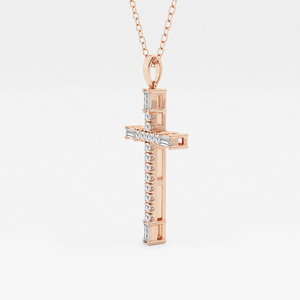 Pendentif croix pavé français en or 14 carats avec diamants de laboratoire ronds et baguettes 1/4 CTW, collier élégant en diamant, cadeau religieux - Product Image 3