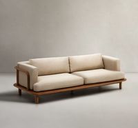 Canapé en bois massif moderne et luxueux au design minimaliste, coussins doux, design écologique, silhouette sculpturale épurée, bords lisses, salon