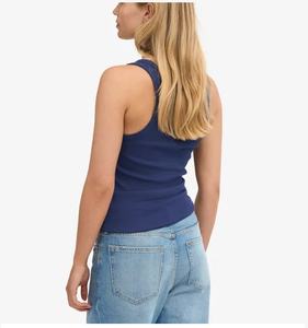 เสื้อกล้ามผ้าฝ้าย100% ถักลายลำลองสำหรับผู้หญิงเสื้อกล้ามโลโก้ตามสั่งสีฟ้าทะเลสีทึบ - Product Image 5