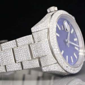 Montre automatique de luxe pour homme, cadran bleu, entièrement sertie de diamants Moissanite, en acier inoxydable et cuir, avec verre cristal, style Hip Hop, cadeau idéal - Product Image 3