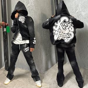 โลโก้ที่กําหนดเองStreetwearพัฟพิมพ์กรดล้างHoodies Unisexซ้อนFlaredเหงื่อกางเกงชุดZip Up HoodieและJoggerชุด - Product Image 1