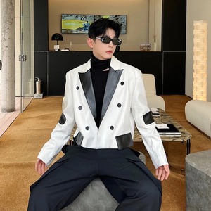 Abrigo elegante de Moda de Primavera para hombre, chaqueta de contraste de Color empalmado de lona de PU de piel de oveja corta Original - Product Image 4