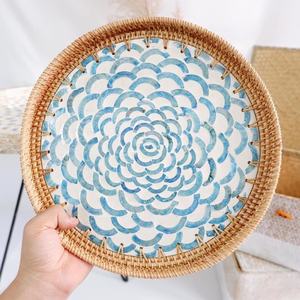 Plateau en rotin incrusté de nacre, assiette en coquillage - Product Image 6