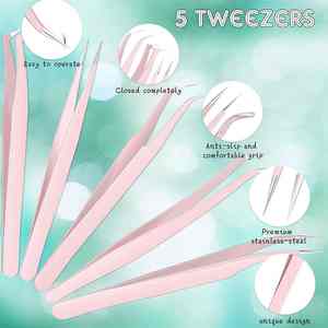 Juego de pinzas profesionales para extensión de pestañas, 4 Uds., empuñadura rosa para bebé con bolsa de cuero a pedido, Kits de pinzas para pestañas injertadas - Product Image 2