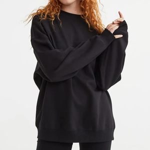 Wholesale Custom Logo Embroidery Printed Blank Oversized Cotton <b>Fleece</b> Solid Color <b>Black</b> Crewneck Breathable Sweatshirts Women - Product Image 1