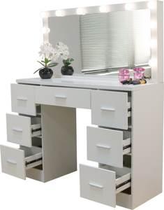 Table de maquillage <span class=keywords><strong>blanche</strong></span> avec ampoules LED, tiroirs et étagères ouvertes, table de maquillage pour chambre à coucher, salle de maquillage, coiffeuse moderne - Product Image 3