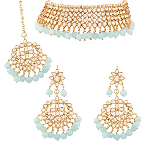 Jewelrys-gargantilla con tachuelas de Kundan y perlas, joyería tradicional hecha a mano, chapado en oro de 18K, conjunto de collar con pendientes y Maang Tikka