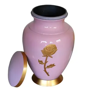 Venta caliente Urnas de metal de latón Esmalte Rosa urna de cremación Premium Tinta funeraria Esmalte Urna de cremación con Flor de Oro - Product Image 2