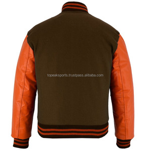 2026 OEM Stylish <b>Brown</b> <b>Wool</b> Orange Leather Sleeves Varsity Jacket For Men's High Quality Low MOQ Heated Winter Fashion Jackets - Product Image 2