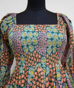 Robe longue en coton indien imprimé à la main pour femmes, caftan décontracté de taille libre avec décoration de boutons, vêtements d'été de grande taille - Product Image 5