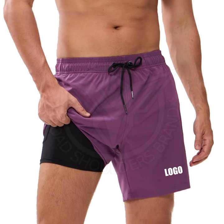 Customized Logo Men's Quick Dry Gym Shorts Mid Waist Solid 2-in-1 Compression Liner Waterproof Walkout Casual Beach Shorts